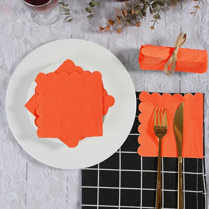 200 Pack Cocktail Napkin 2-Ply Scalloped Edged Dessert Napkins Folded 5 x 5 Inches Disposable Napkins for Dinner Wedding Birthday Party Bridal Anniversary Reception Event (Orange)