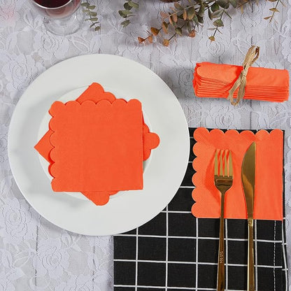 200 Pack Cocktail Napkin 2-Ply Scalloped Edged Dessert Napkins Folded 5 x 5 Inches Disposable Napkins for Dinner Wedding Birthday Party Bridal Anniversary Reception Event (Orange)