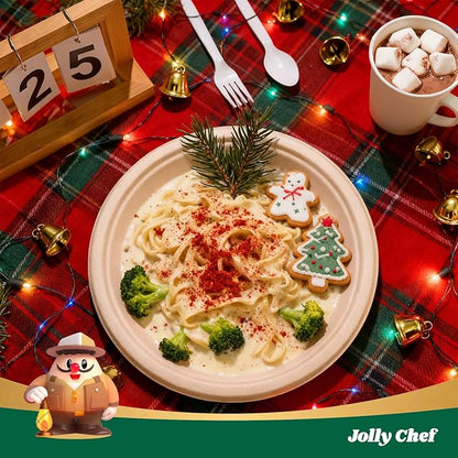 JOLLY CHEF Compostable Heavy Duty Plates 𝟭𝟬 𝗜𝗻𝗰𝗵 [𝟭𝟮𝟱 𝗣𝗮𝗰𝗸] Eco-Friendly Disposable Paper Plates Made of Bagasse Biodegradable Bulk for Party Dinner Sugarcane Lunch Christmas (Natural)