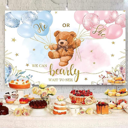 10x8ft Gender Reveal Backdrop Baby Bear Boy or Girl Photography Background Baby Shower Party Blue and Pink Banner Decorations Supplies Photo Booth Props