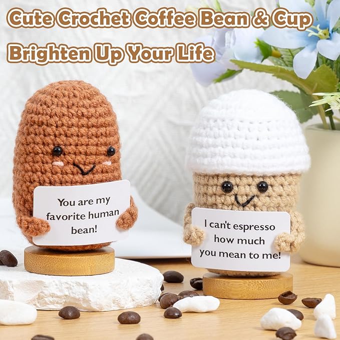 2 Pcs Coffee Gifts Mini Emotional Support Crochet Coffee Bean Set - Espresso Love And Favorite Human Bean, Cool Emotional Support Plush Gift for Latte Lover, Crochet Office Decor for Women Men