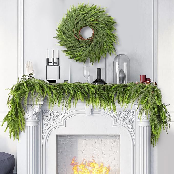 6FT 2Pcs Artificial Norfolk Pine Garlands, Lifelike Chirstmas Garlands for Fireplace Indoor & Outdoor Holiday Decor, Christmas Decorations, and Real Touch Greenery Garland