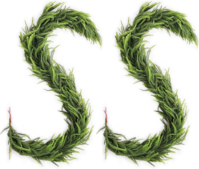6FT 2Pcs Artificial Norfolk Pine Garlands, Lifelike Chirstmas Garlands for Fireplace Indoor & Outdoor Holiday Decor, Christmas Decorations, and Real Touch Greenery Garland