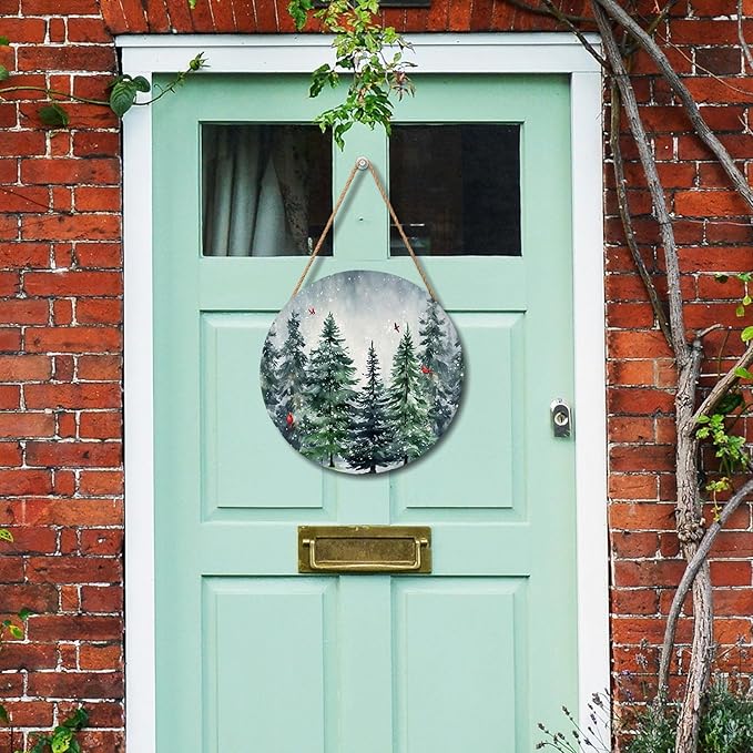 Winter Welcome Sign for Front Door Decor Winter Pine Trees Cardinal Wood Door Hanger for Outdoor Outside Porch Christmas Snowflakes Hanging Sign Xmas Holiday Wreath for Home Porch Wall 12”x12”