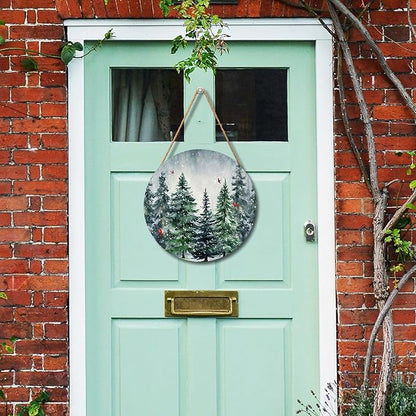 Winter Welcome Sign for Front Door Decor Winter Pine Trees Cardinal Wood Door Hanger for Outdoor Outside Porch Christmas Snowflakes Hanging Sign Xmas Holiday Wreath for Home Porch Wall 12”x12”