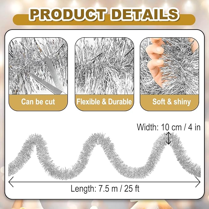25 Feet Christmas Foil Fringe Banner Metallic Tassle Garland Metallic Backdrop Parade Floats Shiny Hanging Ceiling, Valentine's, Wedding, New Year Party Decorations(4" x 25', Silver)