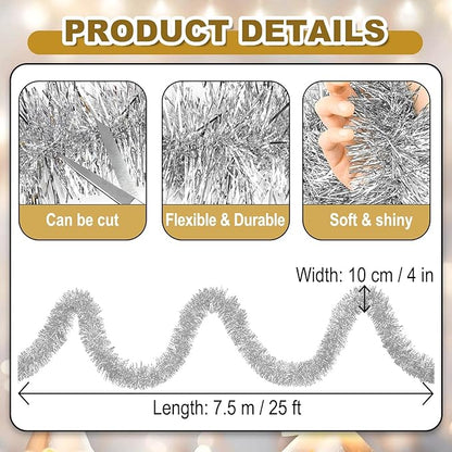 25 Feet Christmas Foil Fringe Banner Metallic Tassle Garland Metallic Backdrop Parade Floats Shiny Hanging Ceiling, Valentine's, Wedding, New Year Party Decorations(4" x 25', Silver)