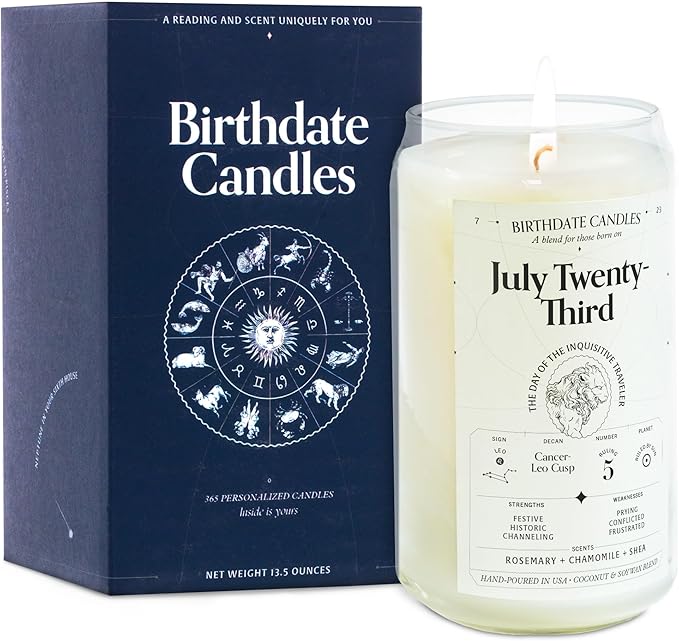 Birthdate Candles, July 23 - Leo Zodiac Scented Candles Birthday Gift - Rosemary, Chamomile & Shea Scent - All-Natural Soy & Coconut Wax, 60-80 Hour Burn Time - Made in USA