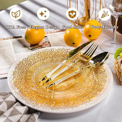 HOMIP 120PCS Clear Gold Plastic Plates, Disposable Party Plates Include 60PCS 10 inch Dinner Plate & 60PCS 7 inch Dessert Plate Perfect for Party Wedding and Holiday