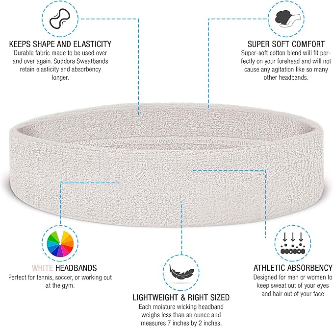 Suddora Workout Headband for Men and Women, Moisture-Wicking Athletic Sweatband, Lightweight Cotton Terry Cloth Bands for Basketball, Tennis, Football, Gym, Running, Cosplay & Costumes
