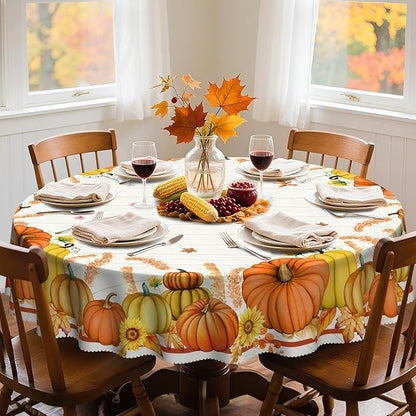 Eikione Round Thanksgiving Tablecloth, Round Fall Tablecloth 60 Inch, Pumpkin Table Cloth, Autumn Harvest for Christmas, Holiday, Birthday, Thanksgiving, Harvest