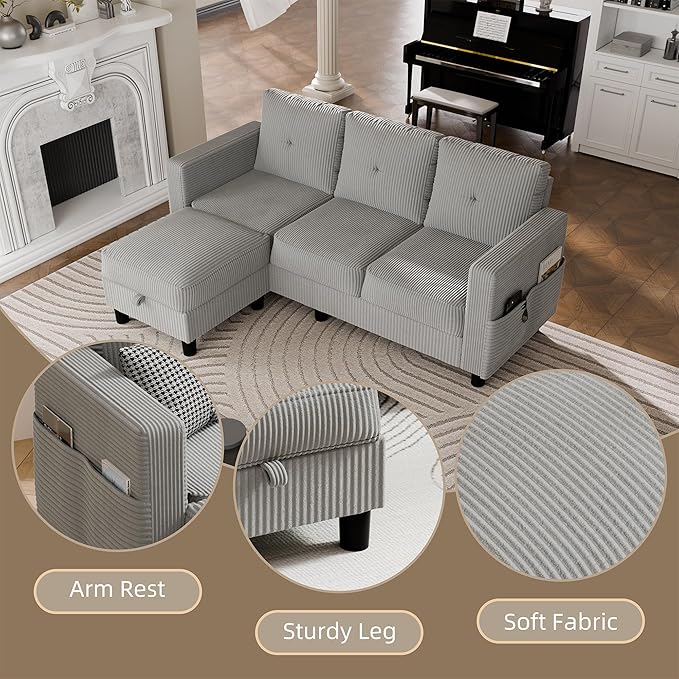 JAMFLY Convertible Sectional Couches for Living Room, L-Shaped Couch 3 Seat Sectional Sofa Set with Corduroy Fabric and Movable Ottoman Small Couch for Apartments, Office(Light Grey)