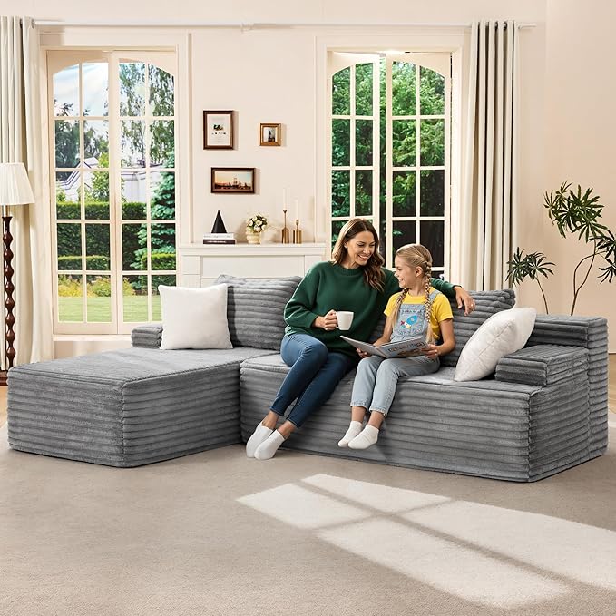 Hobestluk Modular Sectional Sofa Couches L-Shape Couch 3 Seat Modular Sofa Memory Foam Sectional Couches for Living Room, Cloud Couch with Oversized Chaise (96” Left Facing)