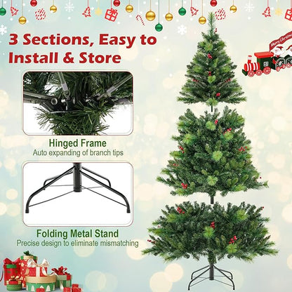 GOFLAME 6FT Pre-Lit Christmas Tree, Hinged Artificial Xmas Tree with Pine Needles, 670 Branch Tips, 28 Clusters of Red Berries, 300 LED Lights, 9 Lighting Modes, 4 Brightness, Remote Control & Timer