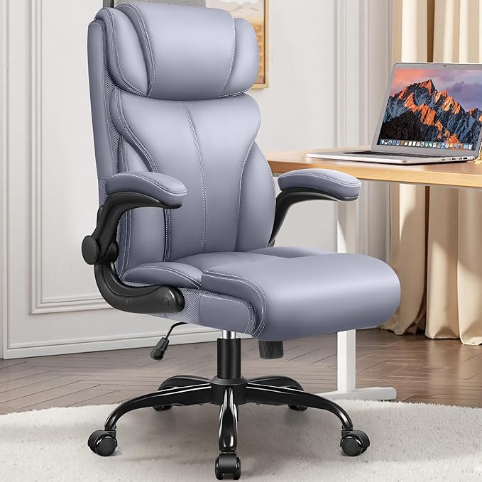 Office Chair, Leather Chair with Adjustable High Back Flip-up Armrests，Ergonomic Desk Chairs Big and Tall, Lumbar Support Swivel Computer Chair with Rocking Function