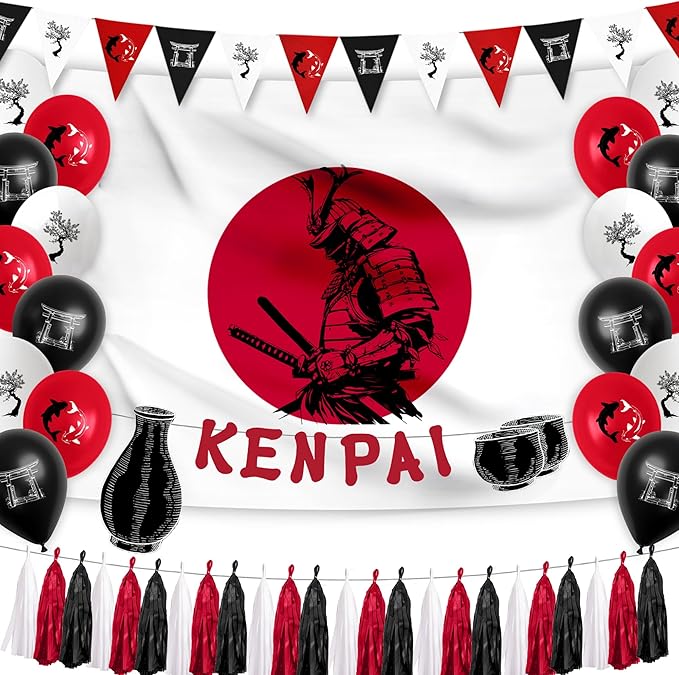 Hades Hibachi Party Decorations – Japanese Birthday Supplies – Japan Theme Decor – Party Supplies for Adults and Kids – Koi Fish Garland – Samurai Flag Backdrop – Cherry Blossom Décor
