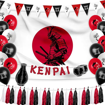 Hades Hibachi Party Decorations – Japanese Birthday Supplies – Japan Theme Decor – Party Supplies for Adults and Kids – Koi Fish Garland – Samurai Flag Backdrop – Cherry Blossom Décor