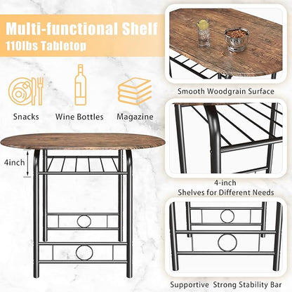 JUMMICO 3-Piece Wooden Round Table & Chair Set, Space Saving Kitchen Breakfast Nook Wood Grain Tabletop with Metal Frame and Built-in Wine Rack for Kitchen, Dining Room (Brown/Black)