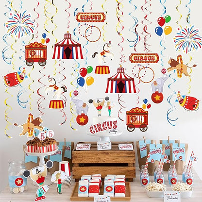 Carnival Hanging Swirl Set Party Decorations, 48 Pcs, Circus Joker Balloon Party Supplies Sign,Red Blue Yellow