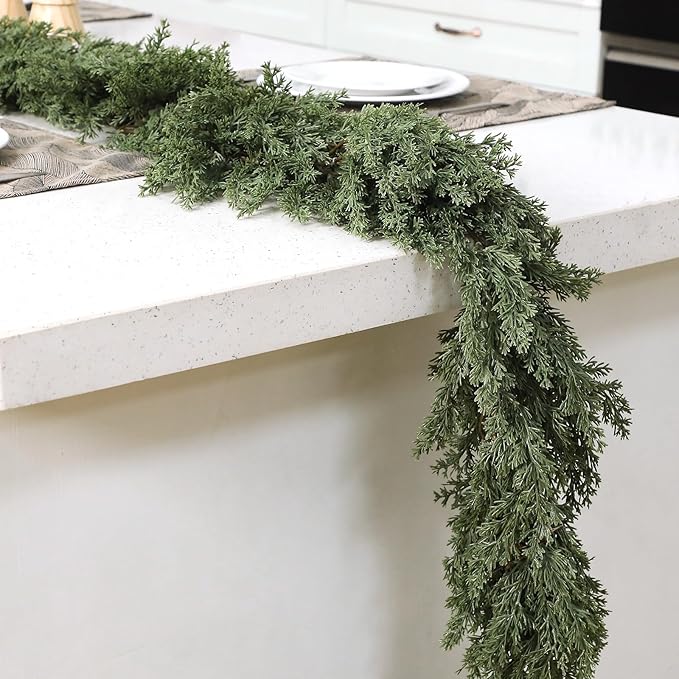 Jutom 1 Pcs 9 ft Thick Christmas Cedar Garland Artificial Realistic Soft and Flexible Full Faux Green Cedar Pine Garland for Home Indoor Xmas Holiday Mantle Fireplace Party Decoration
