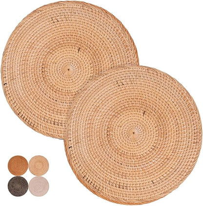 2-Pack Rattan Placemats - 13-inch Round Placemats (Natural Rattan Color) - Woven Place Mats, Round Table Mats - Wicker Chargers for Dinner Plates, Plate Chargers Boho - Kitchen Table Decor