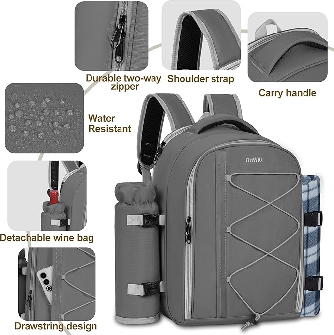 Picnic Backpack for 2 Persons with Insulated Leakproof Cooler Compartment, Cutlery Sets, Wine Holder, Fleece Blanket, Wedding Gifts for Couples, Perfect for Beach, Camping, Hiking, Grey