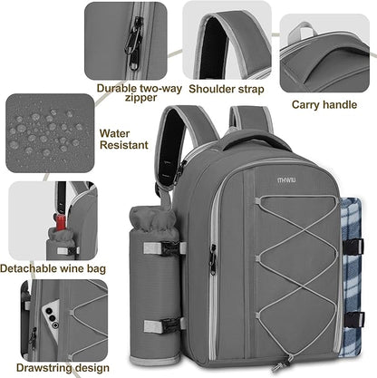 Picnic Backpack for 4 Persons with Insulated Leakproof Cooler Compartment, Cutlery Sets, Wine Holder, Fleece Blanket, Wedding Gifts for Couples, Perfect for Beach, Camping, Hiking, Grey