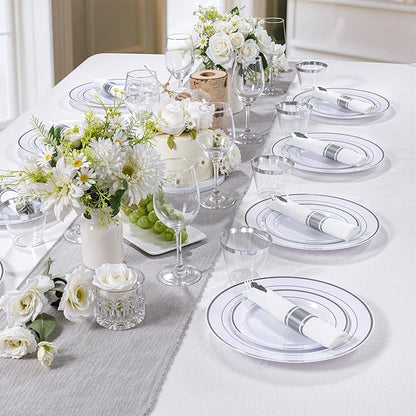 DaYammi 350PCS Silver Plastic Dinnerware Set for 50 Guests, Fancy Disposable Plates for Christmas, Include: 50 Dinner Plates, 50 Dessert Plates, 50 Pre Rolled Napkins with Silver Silverware, 50 Cups