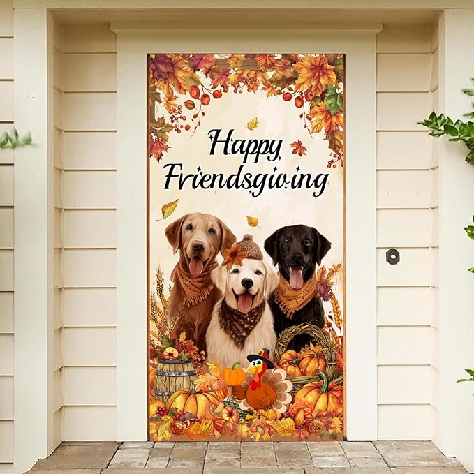 Friendsgiving Door Cover Banner Happy Thanksgiving Party Decorations, Dog Pumpkin Maple Leaves Give Thanks Turkey Friendsgiving Door Party Decorations
