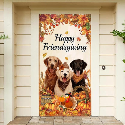 Friendsgiving Door Cover Banner Happy Thanksgiving Party Decorations, Dog Pumpkin Maple Leaves Give Thanks Turkey Friendsgiving Door Party Decorations