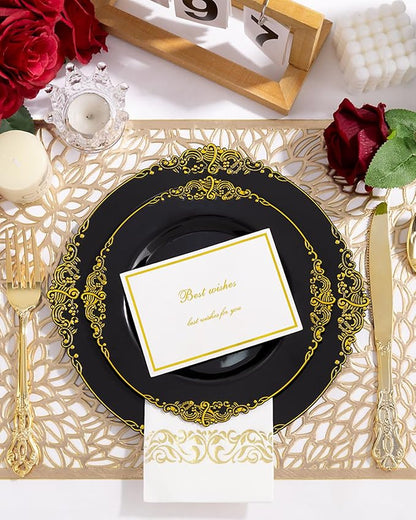 YOUBET 700PCS Black Plastic Plates - Black and Gold Plates - Gold Plastic Dinnerware Set Include 200 Disposable Plate, 300 Heavy Duty Silverware, 100 Cups, 100 Napkins for Wedding & Party New Year