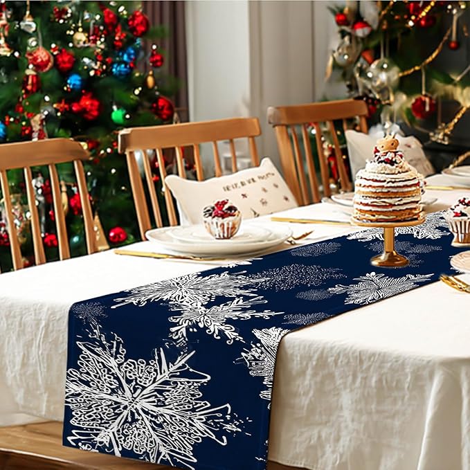 Blue Snowflake Table Runner 13x72 Inch Winter Table Runner Burlap Winter Holiday Dining Tables Decoration with White Snow Patterns Christmas Tablecloth for Kitchen Dining Home Party Decor