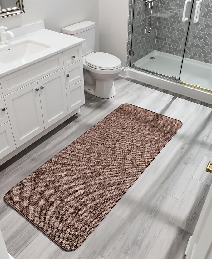 Bath Mat,Ultra Thin Bathroom Runner Rugs,Large Bath Mats for Bathroom,Quick Dry,Non-Slip,Machine Washable,Low Pile,Bath Rug,Shower Outside,Sink,Home Decor Accessories.Brown,2'x6'(24x72inch)