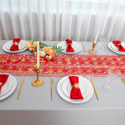 Snowkingdom Red Gold Snowflake Christmas Table Runner 120 Inches Long 10FT Sheer Tulle, Golden Snowflakes Xmas Seasonal Winter Kitchen Dining Holiday Wedding Table Decor for Home Party