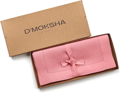 D'Moksha Homes Linen Dusty Pink Table Runner 60 Inches - Classic Hemstitch, 100% Pure Linen Coffee Table Runner 14 x 60 Inch Ideal for Dresser Tables - Winter, Christmas, Holiday
