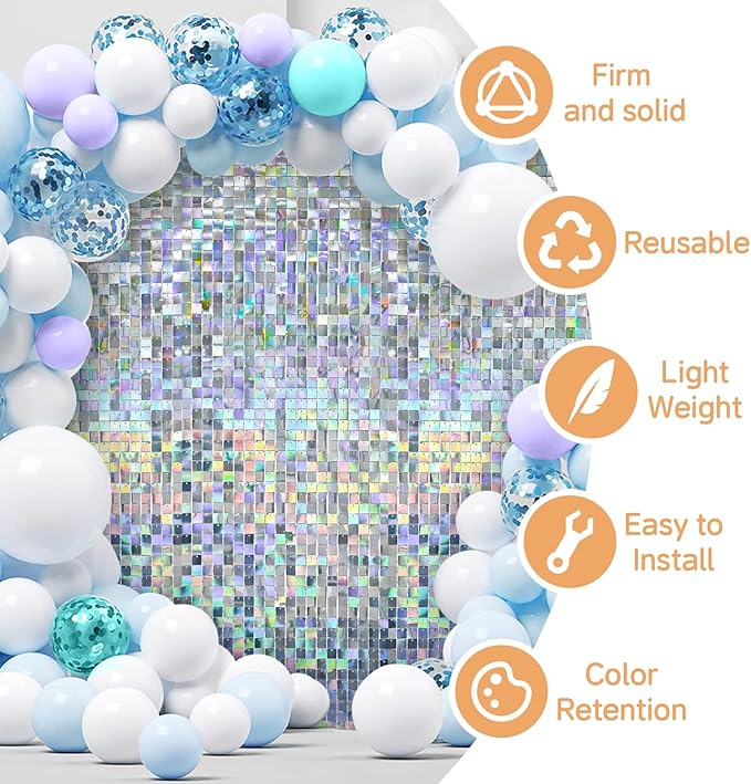 Iridescent Silver Shimmer Wall Backdrop,Shiny Sequins,48 PCS Sequins Backdrop Decoration Panels,Photo Background Decorations for Birthday Party Wedding Engagement Anniversary Graduation Baby Shower