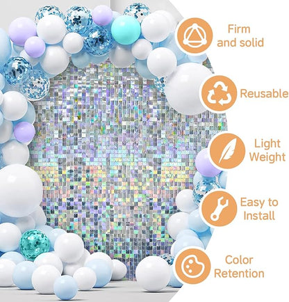 Iridescent Silver Shimmer Wall Backdrop,Shiny Sequins,48 PCS Sequins Backdrop Decoration Panels,Photo Background Decorations for Birthday Party Wedding Engagement Anniversary Graduation Baby Shower