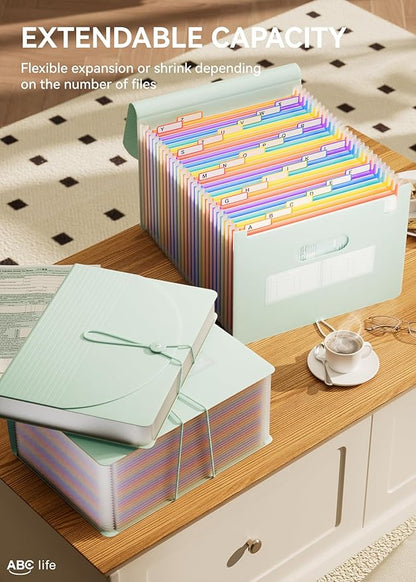 ABC life 26-Pocket Accordion File Organizer, Expanding File Folder, Letter/A4 Size Plastic Monthly Bill & Tax Receipt Holder with A-Z Tabs for Home, Office, Classroom - Sage Green