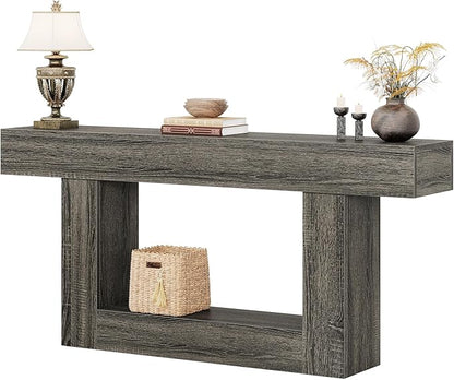 Tribesigns 63" Console Table, Farmhouse 2-Tier Entryway Table with U-Shaped Base, Narrow Long Wood Sofa Table Behind Couch Table for Living Room, Hallway, Foyer, Gray