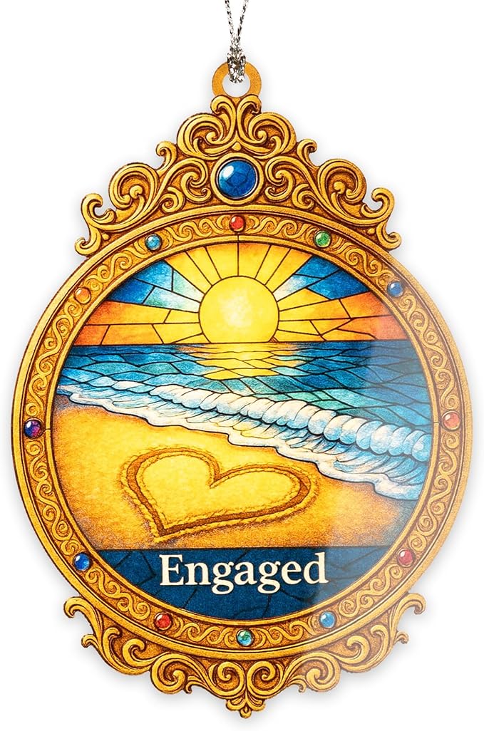 Engaged Ornament 2025 – Beach Sunset Heart Design - Engagement Gift Keepsake for Bride and Groom – Beach Engagement Decor- White Elephant Gifts - Xmas Tree Funny Decoration Mirror