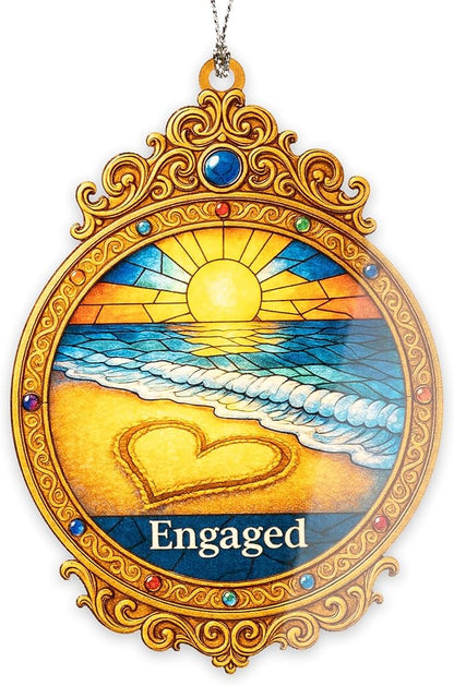 Engaged Ornament 2025 – Beach Sunset Heart Design - Engagement Gift Keepsake for Bride and Groom – Beach Engagement Decor- White Elephant Gifts - Xmas Tree Funny Decoration Mirror