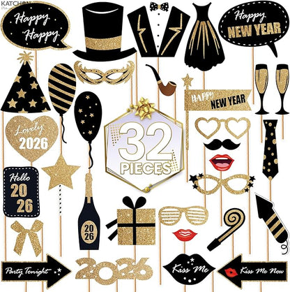 KatchOn, Glitter New Years Photo Booth Props 2026 - Pack of 32 | Photo Booth Props 2026, Happy New Years Decorations 2026 | Photo Props 2026, New Years Eve Party Supplies 2026