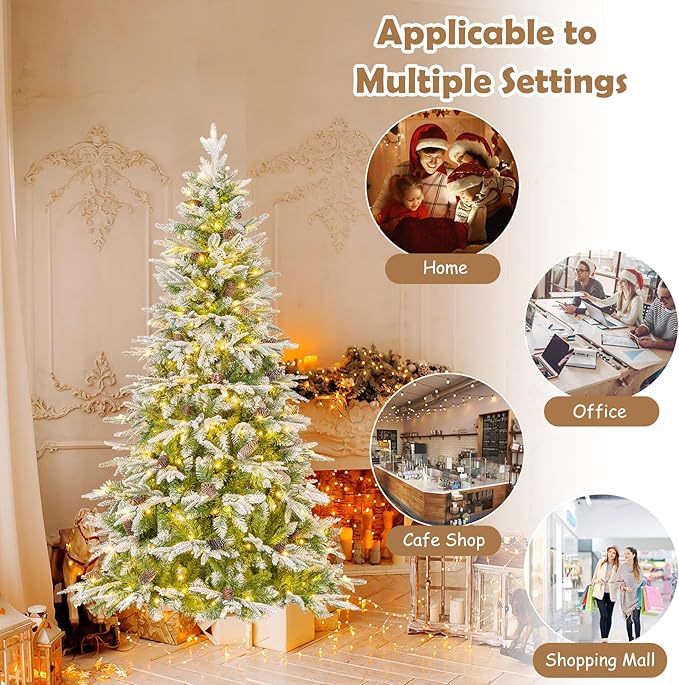 GOFLAME 6FT Pre-Lit Artificial Christmas Tree, Snow Flocked Xmas Tree with 765 Branch Tips, 280 Warm White LED Lights, 62 Pine Cones, Holiday Decoration Tree for Home Office Party