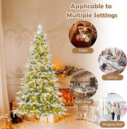GOFLAME 6FT Pre-Lit Artificial Christmas Tree, Snow Flocked Xmas Tree with 765 Branch Tips, 280 Warm White LED Lights, 62 Pine Cones, Holiday Decoration Tree for Home Office Party