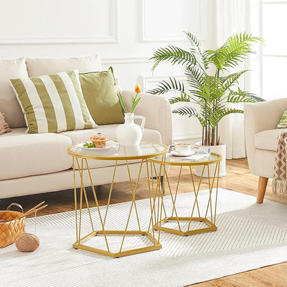 HOOBRO Small Coffee Table Set of 2, Round Coffee End Table with Metal Frame, Glass Tabletop, Gold Side Table for Living Room, Bedroom and Balcony, Modern Style, Gold GD79BZ01