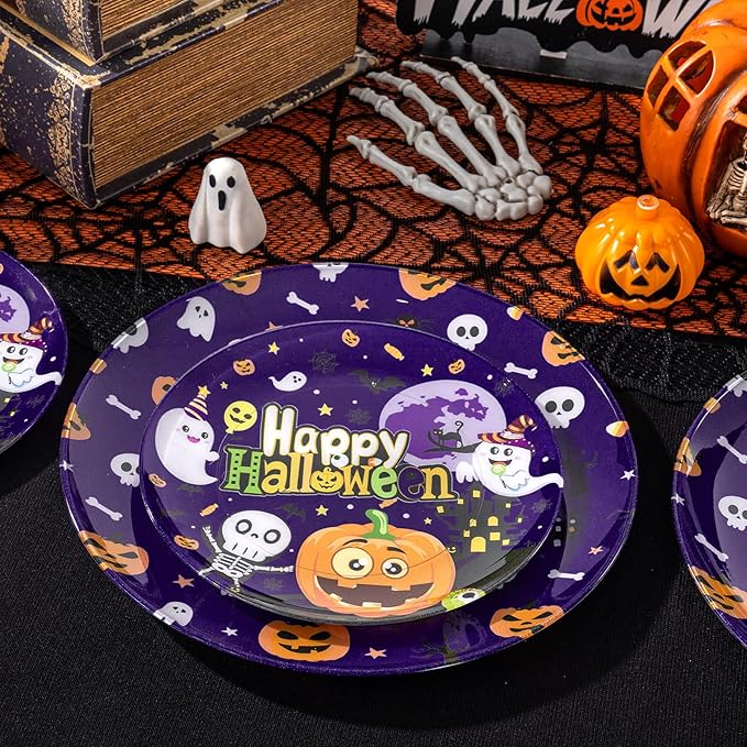 U-QE 20Pcs Halloween Plastic Plates - Cute Ghost and Pumpkins Design - Purple Plastic Plates Includes 10 10.25" Dinner & 10 7.5" Salad Plate - Perfect for Halloween Party, Ghost Party