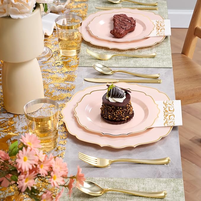 350 PCS Pink Disposable Plates, Scalloped Dinnerware Set for 50 Guests, 100 Plastic Plates, 150 Silverware, 50 Cups & 50 Paper Napkins, Pink