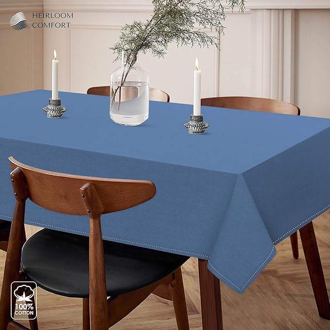 Sky Blue Cotton Tablecloth, Table Cloth 52x70 Inch, Fits 4-6 Seats, Soft, Durable, Washable, Wrinkle Resistant, Rectangle Table Cover for Dining, Baby Showers, Spring Celebrations