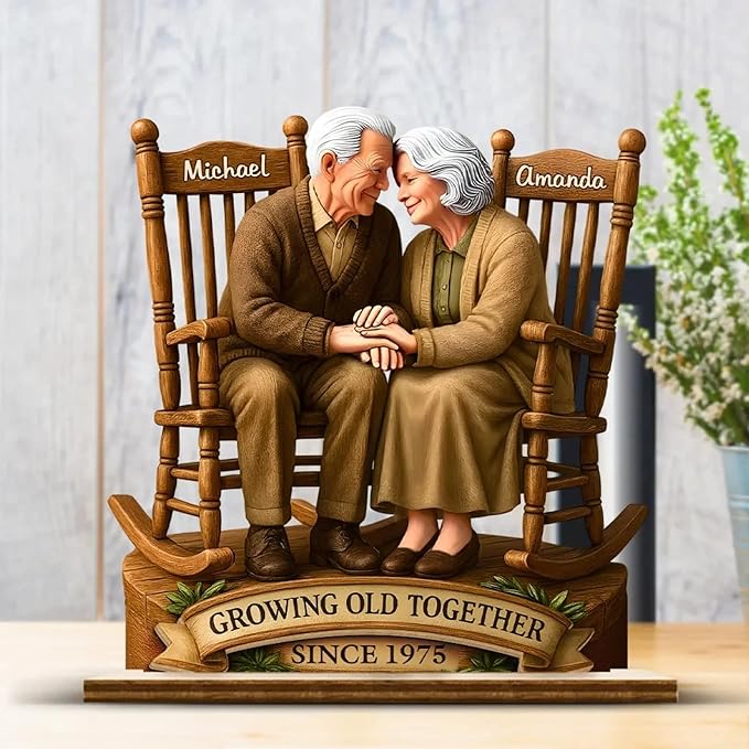 Personalized Wooden Couple Figurine, Growing Old Together Since 1975, Custom Engraved Retirement, Anniversary for Parents and Grandparents, Personalized Family Keepsake