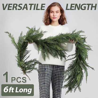 Jutom 1 PCS 6 ft Christmas Cedar Garland - Green Artificial Realistic Cedar Garland Faux Decoration for Table, Mantel, Wall Winter Holiday Party